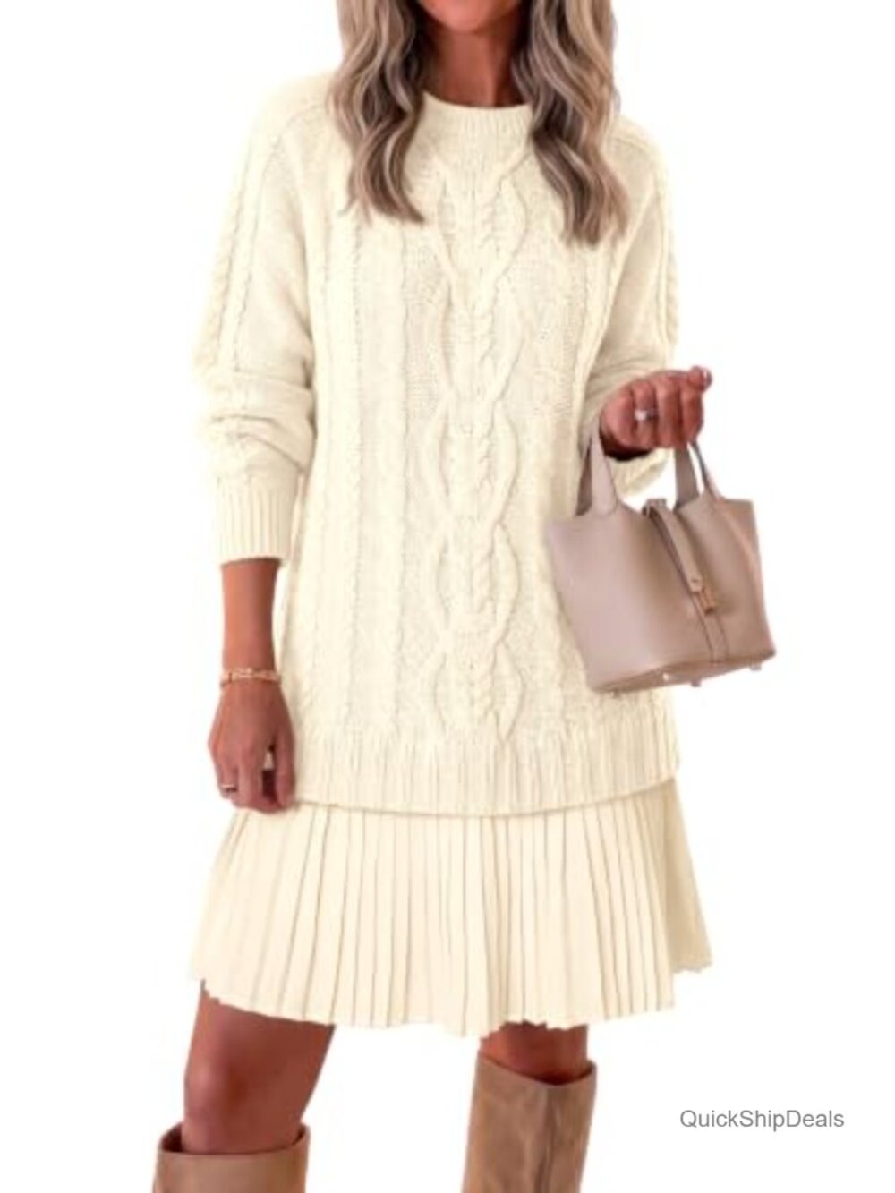 Cable Knit Sweater Dress Patchwork Pleated Long Sleeve Mini